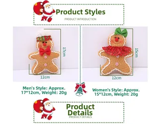 Detail of plush gingerbread man and woman Christmas ornaments with size specifications