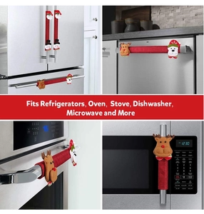 Detail of Christmas fridge handle covers with 3D plush Santa, Snowman and Reindeer dolls