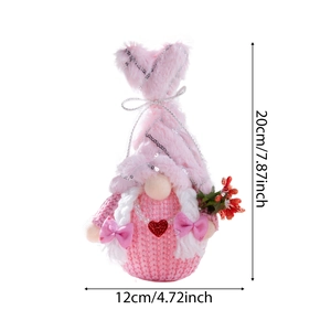 Pink plush Valentine's Day gnome with heart-shaped hat and size dimensions 20cm x 12cm