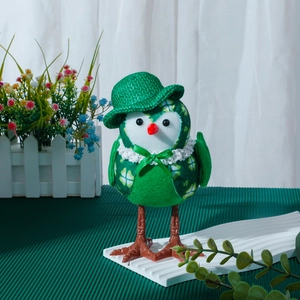 Luminous green bird plush with clover patterns and mini top hat for Saint Patrick's Day decor