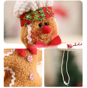 Macro detail of plush gingerbread man ornament with red knit hat and festive textures