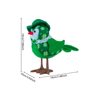 St. Patrick's Day green plush bird decor with clover pattern and knit hat 19x19x10cm