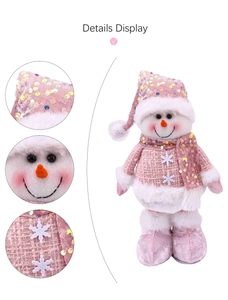Detailed views of pink sequin Christmas snowman with telescopic legs and plush materials