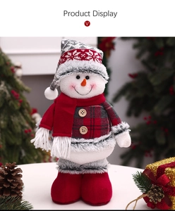 Detail view of a plush Christmas snowman with red plaid sweater and wood buttons
