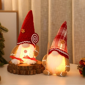 Close-up of glowing Christmas gnomes with warm LED lights and gingerbread textures