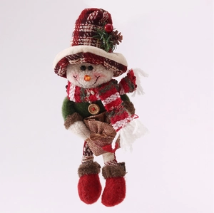 Detail of Christmas snowman plush toy with plaid hat and red felt boots decoration