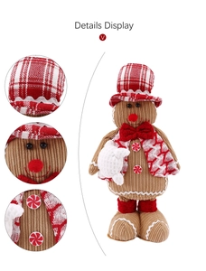 Detail view of gingerbread doll with corduroy fabric texture and festive red bow