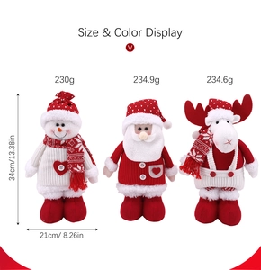 Detailed view of plush Christmas dolls with sizes and weights for snowman, santa and reindeer
