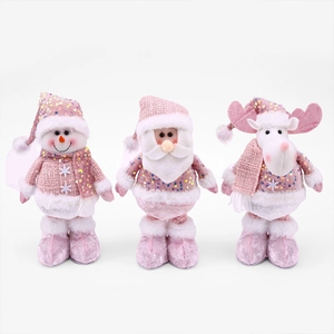 Pink sequin Christmas doll set featuring Santa, snowman and reindeer holiday decor