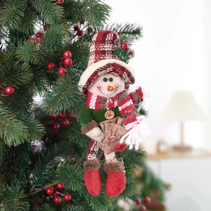 Adorable plush snowman Christmas tree ornament with red checkered hat and long legs