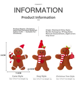 Detailed view of three gingerbread man plush pendants with specific size measurements