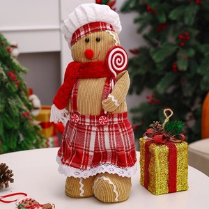 Gingerbread man plush doll decoration with corduroy fabric and knit scarf for Christmas