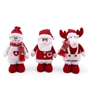 Three telescopic Christmas plush dolls featuring Santa, Snowman and Reindeer in red knit