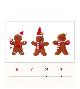 Detailed view of three gingerbread man plush pendants made of brown sherpa fleece material