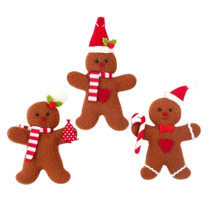Set of 3 plush gingerbread man Christmas tree ornaments with festive scarves and hats