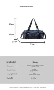 Tabla de tallas de bolso bowling denim con remaches, 31x15x14cm y correa ajustable