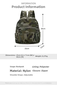 Specifiche del zaino in nylon mimetico con dimensioni 25x11x30cm e dettagli del prodotto