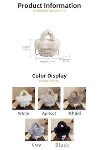 Détails du sac à main en peluche avec chaîne de perles et dimensions en cinq coloris variés