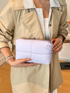 Quilted light purple clutch handbag for women featuring a minimalist puff square pattern