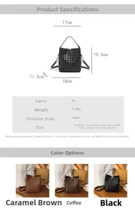 Detailed size specifications and three-color variations of the woven bucket bag