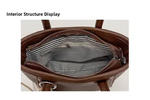 Intérieur détaillé d'un fourre-tout en cuir marron avec doublure rayée et poche zippée