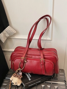 Retro red leather underarm shoulder bag with large capacity and cute puppy pendant accessory