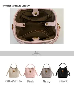 Detail view of the internal storage pockets and four available colors of the bucket bag