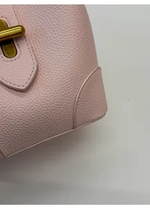 Detailed macro view of pink lychee grain leather with reinforced stitching and gold hardware