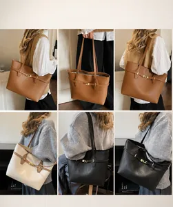 Three elegant leather tote bags in brown, beige, and black with metallic turn-lock detail