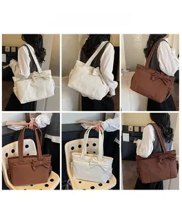 Detailed views of canvas tote bag with decorative side bow in white and brown colors
