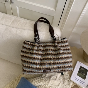 Women Large Capacity Plush Stripe Tote Bag Faux Fur Shoulder Bag Soft Fuzzy Underarm Bag For Daily Fashion Travel Handbag