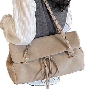 Large capacity khaki suede tote bag with woven shoulder straps and metallic rivet details