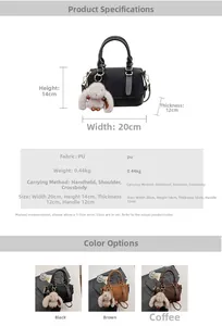 Detail view of compact PU leather pillow bag with geometric embossing and plush rabbit charm
