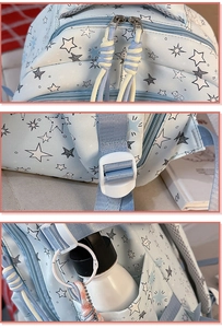 Detalle de la mochila azul para estudiantes con patrones de osos, cremallera doble y bolsillos