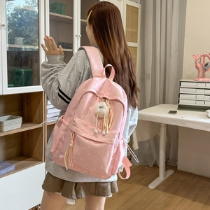 Sac à dos rose pour étudiante avec imprimé étoiles et porte-clé pompon mignon
