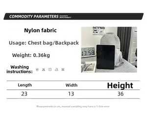 Size chart showing light grey nylon bag dimensions 23x13x36 cm with iPad comparison