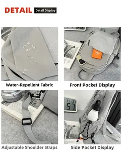 Detail view of water-resistant gray nylon fabric and adjustable strap of the casual backpack