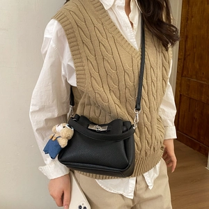 Litchi texture black leather bucket bag with silver lock and cute bear charm