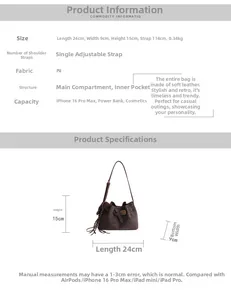 Detailed size chart showing dimensions of the brown PU shoulder bag with tassel