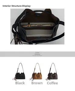 Detail view of vintage drawstring bucket bag interior structure and multiple color options