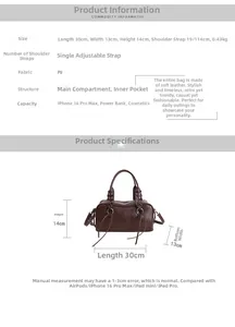 Detailed size chart for retro PU leather baguette bag showing dimensions 30x13x14cm