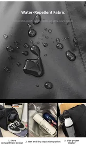 Detalle de la tela resistente al agua y bolsillo lateral de malla en el bolso deportivo
