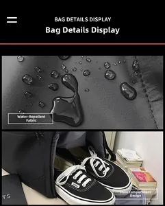 Detalle de tela impermeable con gotas de agua y compartimento ventilado para zapatos