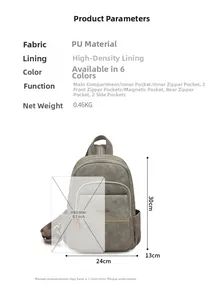 Detail showing dimensions of gray PU leather backpack with 9.7 inch tablet comparison