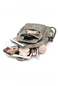 Detail view of large capacity gray PU leather backpack showing tablet and cosmetics storage
