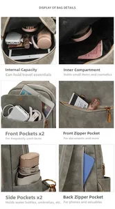 Detail view of the multi-functional gray backpack showing organized interior compartments