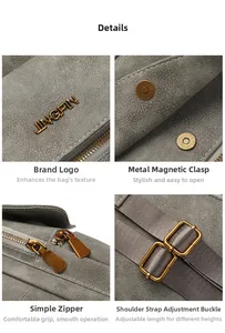 Detail view of gray bag featuring metallic logo, magnetic snap, zipper, and strap buckle