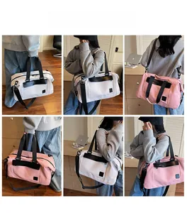 Detailed views of a versatile pink and white travel bag worn in various styles on a model