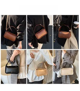 Collage de sacs à bandoulière chics pour femmes en cuir marron, noir et beige avec chaîne