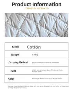Detailed spec sheet of a large quilted puffer tote bag with size and weight info